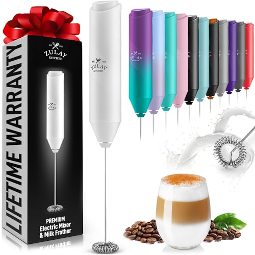 Image of Zulay Kitchen Milk Frother Handheld Battery Operated - Electric Drink Mixer for Coffee, Lattes, Cappuccinos, Matcha & Hot Chocolate - Portable Foam Maker & Coffee Bar Accessory - Glacier White