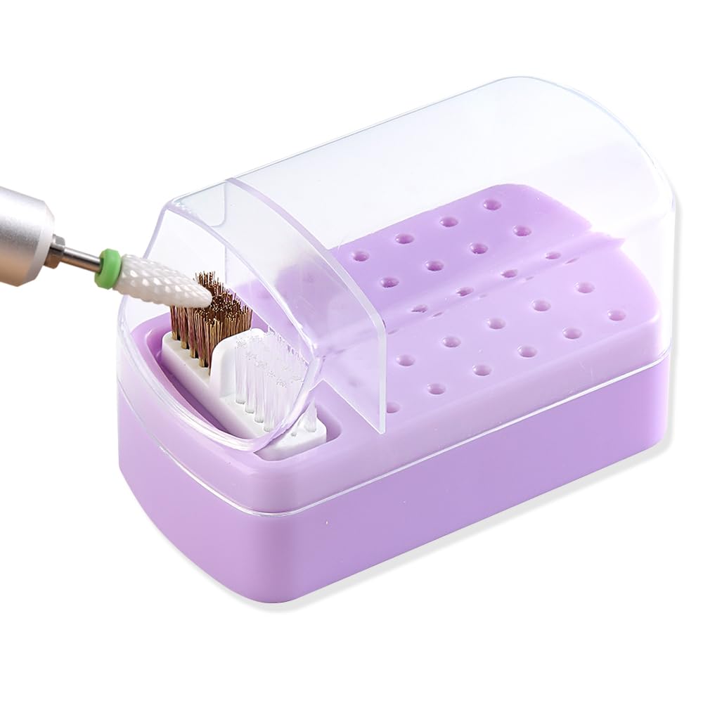 2 in 1 Nail Drill Bit Holder & Cleaner Brush Case, 30 Holes Dustproof Stand Display Storage Box with Steel Wire & Nylon Double Brush for Cleaning