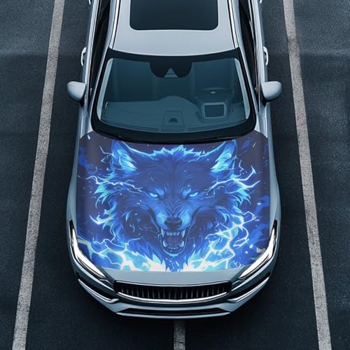 Image of Cool Lightning Wolf Hood Cover for Car SUV Sedan Truck, Waterproof Elastic Polyester Car Hood Protector, Cool Decorations for Automotive Exterior Accessories