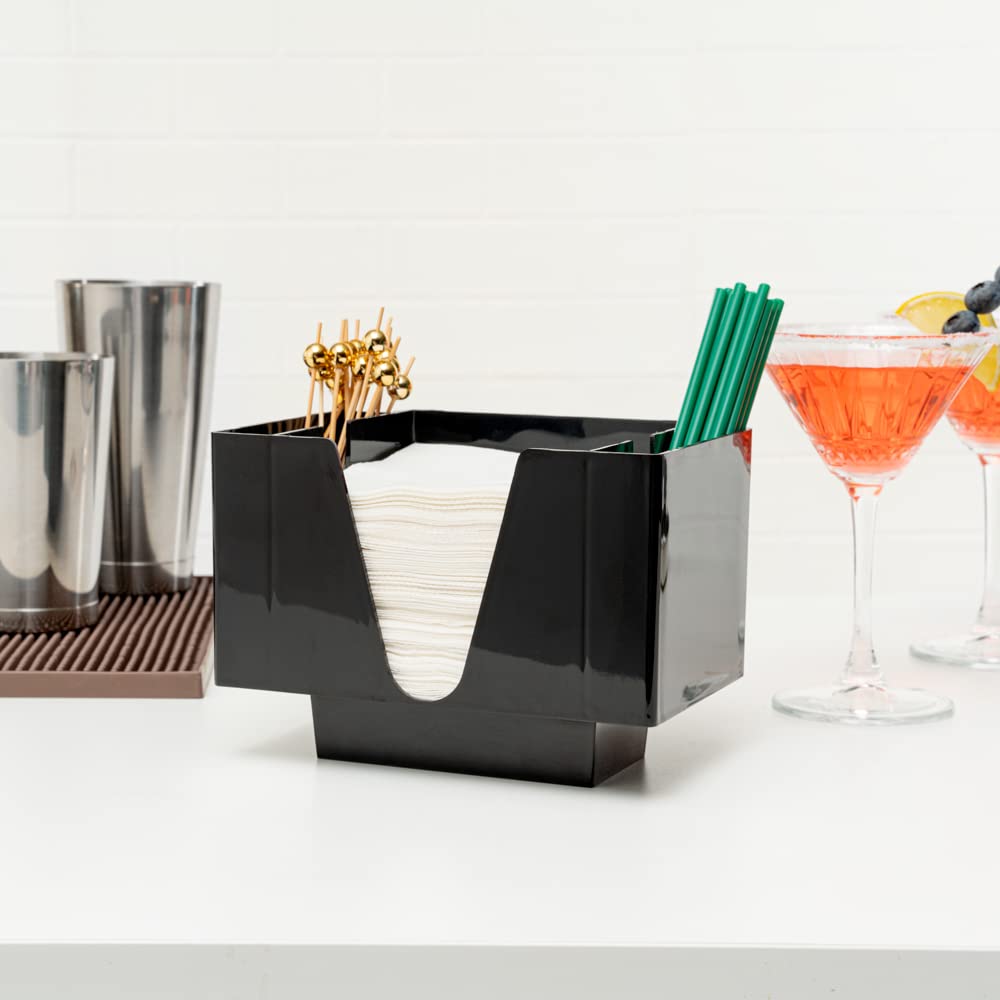 Bar Lux - Servilletero de 7.9 x 5.5 pulgadas, 1 organizador de condimentos de 3 compartimentos, rectangular, mesa, organizador de servilletas de plástico negro, recargable, fácil acceso