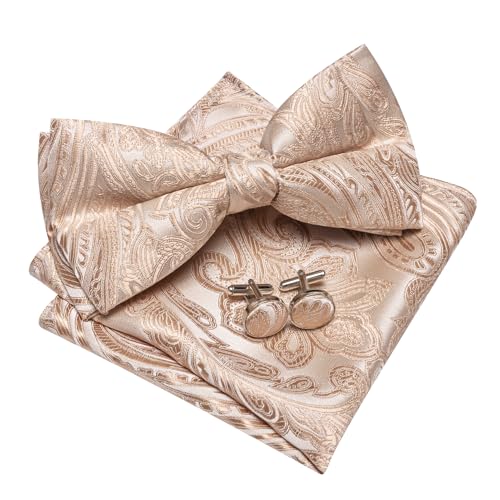 Image of YOHOWA Paisley Striped Men Bow Tie Pre-Tied Formal Adjustable Colorful Bowties Handkerchief Cufflinks Set Wedding Party