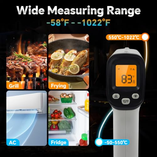 Image of Infrared Thermometer Gun, Digital Laser Temperature Gun -58F to 1022F, Adjustable Emissivity, LCD Backlight, MAX /MIN Display, Non-Contact Thermometer for Pizza Oven, BBQ, HVAC, Griddle