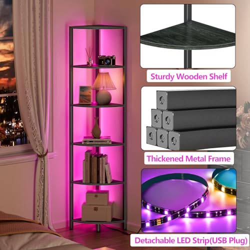 Image of Furnulem 6 Tier Corner Shelf with LED Light, 67.5 inch Tall Standing Shelf Organizer, Black Narrow Bookshelf with Storage Rack for Wall Corner, Living Room, Bedroom, Metal Frame, Wood Display Shelf