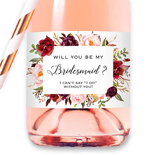 Blissfulmelodydesign Set Of 12 Burgundy Floral Bridesmaid Proposal Mini Champagne Bottle Labels cover