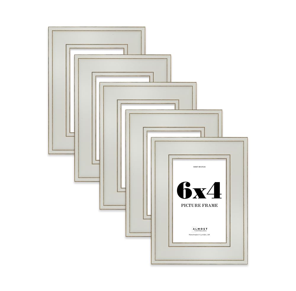 6x4 Light Grey Picture Frame - Shabby Chic Photo Frame with Distressed Finish, Gold Trim, Wall Hooks and Kickstand, 37mm Edge - 5 Pack