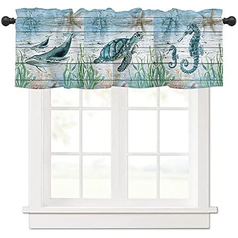 WARM TOUR Marine Theme Sealife Window Valance Curtains Sea Turtle Seahorse Shark Short Curtain for Kitchen Living Room Bathroom Windows, 1 Panel Drapes Rod Pocket Valances, 54W x 18L Cover