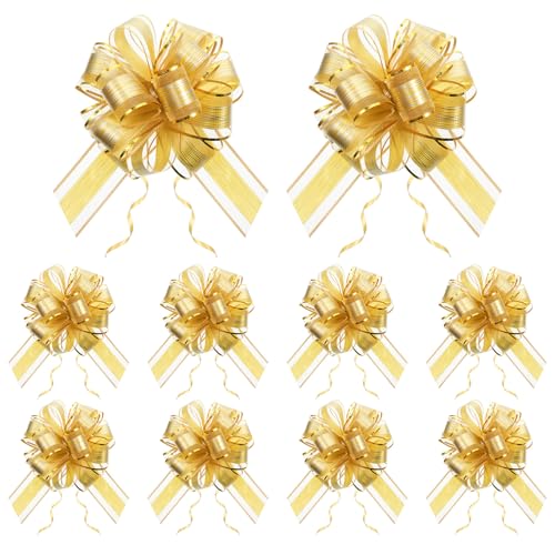 Macuezu 10 PCS Gold Pull Bows Large Pull Bows for Gift Wrapping Big Gold Gift Ribbon Bow for Mothers Day Wedding Birthdays Gifts 6 Inch