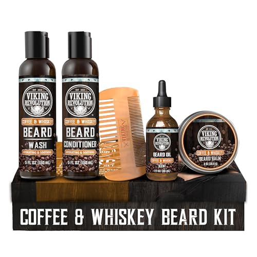 Viking Revolution Ultimate Conditioner for Men's Beard Grooming - Softens, Smoothes and Soothes - Contains Beard Wash and Conditioner (5oz Set), Beard Oil, Balm and Wooden Comb - Coffee Whiskey Scent