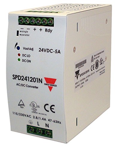 CARLO GAVAZZI SPD241201N DIN Rail Mount Switching Power Supply, 63.2 mm Wide, 90-264 VAC or 210-370 VDC Supply Voltage, Adjustable 24 VDC, 5 amp, 120 W Output, 86% Efficiency, PFC and Parallel Output Function, Power Ready Output, IP20 Cover, Diagnost