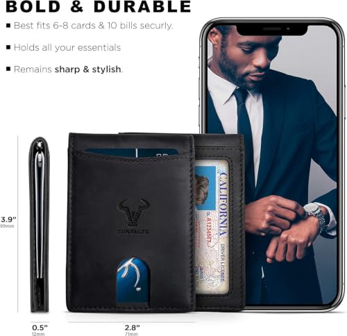 Image of Contacts Genuine Leather Money Clip Wallet Slim Front Pocket RFID Blocking Card Holder Minimalist Mini Bifold for Men's with Smart Pull Strap, 8 Card Slots, 1 Photo ID (Black)