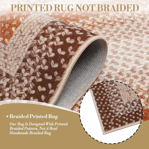 GAOMON Washable Runner Rug 2x10 Hallway Runners Braided Print Entryway Runners Non-Slip Kitchen Rug Runner Ultra-Thin Low Pile Farmhouse Floor Mat for Bedroom Bedside Laundry Boho Carpet Brown/Orange