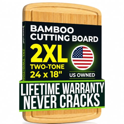 Huge 24 Inch Bamboo Cutting Board with Lifetime Replacement - 2XL Extra Large Wooden Butcher Block for Kitchen, Stove Top, Meat, Vegetables, and Charcuterie with Deep Juice Grooves