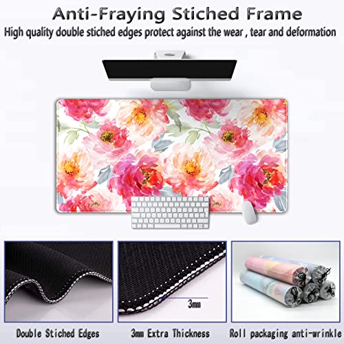 Large Kawaii Pink Desk Mat Gaming Flowers Xxl Mouse Pad Extended Long Cute Mousepad Computer Laptop Keyboard Mouse Mat Non Slip Rubber Floral Desk Pad Desk Decor Accessories For Women (31.5X15.7 In) #TOP5