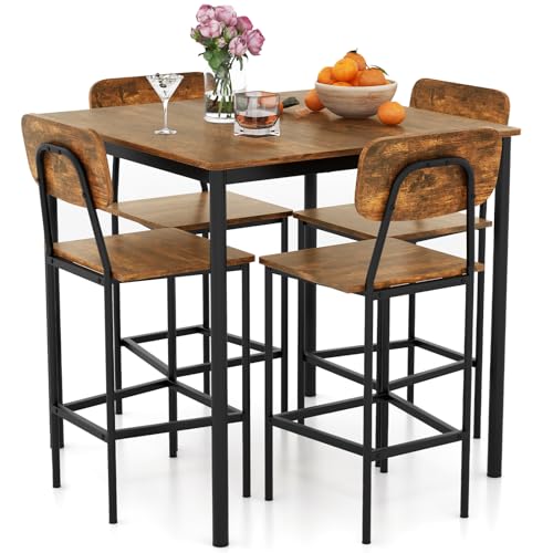 Giantex 5-Piece Dining Table Set W/Counter Height Table & 4 Bar Stools, Industrial Kitchen Dining Table Set W/Footrest & Backrest, Space-Saving Dinette Set for Pub, Dining Room, Restaurant (Teak)