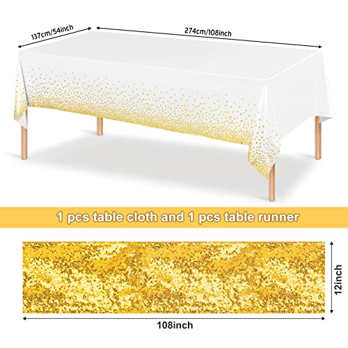 Image of Irenare 2 Pcs White and Gold Tablecloth and Sequin Table Runner Set Polka Dots Confetti Table Cover Dining Plastic Tablecloths Glitter Decorations for Birthday Wedding Anniversary Party Supplies