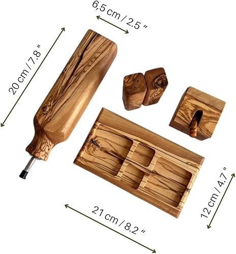 Miniatura 2 de Juego de botellas de aceite de madera de olivo orgánico y salero y pimentero: elegancia rústica para tu cocina