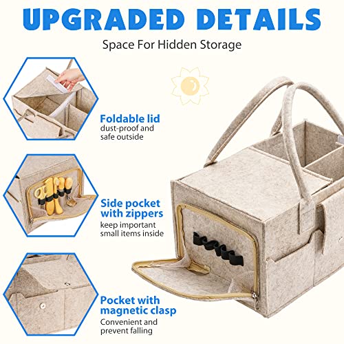 Image of Maliton Felt Diaper Caddy Organizer with Lid - Large, Khaki | 15x9x7 inch Portable Nursery Storage Bin and Car Organizer for Diapers, Wipes. Boy & Girl Shower Gift Basket, Baby Essentials