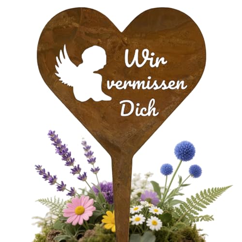 MOAZIFI Grabschmuck Wetterfest Grabengel mit Rostoptik - Grabstecker Grabdeko für Friedhöfe und Gärten, Zeitloses Engelsdesign zur liebevollen Erinnerung Verstorbene, Andenken für ewige Verbundenheit