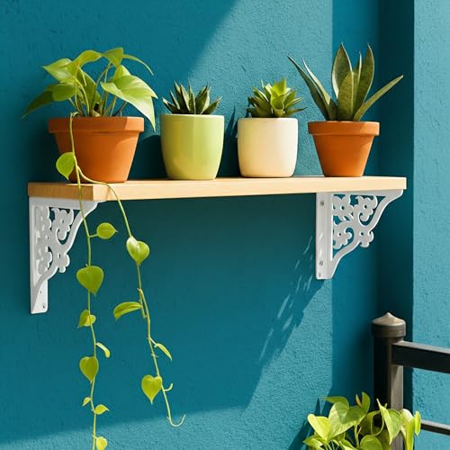 Image of Wall Shelf with Wooden Top Black|White Iron Brackets Storage Rack|Industrial Wall-Mounted Floating Shelf for Living Room,Kitchen,Bathroom (White Triple Floral Large)