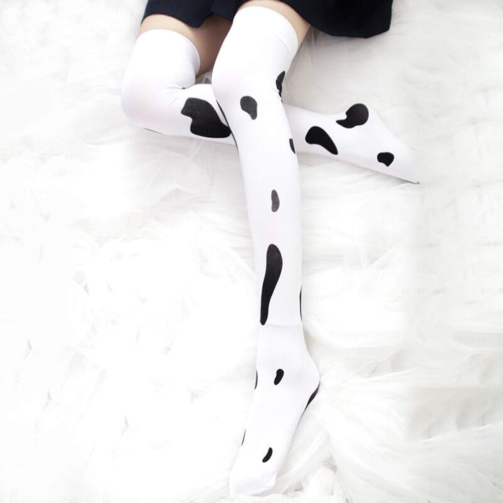 SINROYEE Kostium cosplay anime seksowna mini krowa bikini zestaw bielizny strój pokojówki dalmatyńskie mleko lampart strój kąpielowy, Zestaw biustonoszy bikini i pończochy krowa, rozmiar uniwersalny