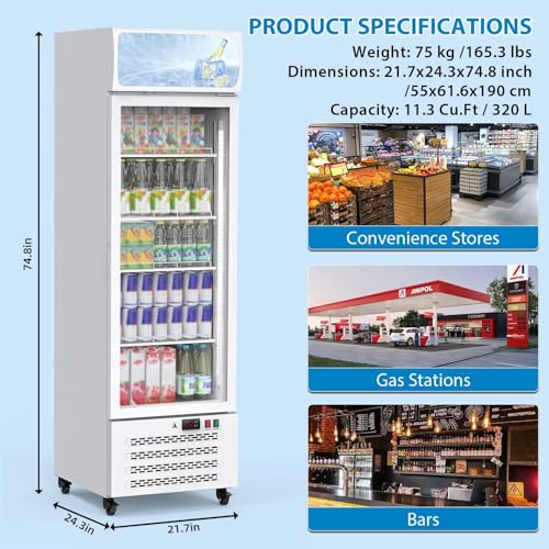 Image of Commercial Display Refrigerator 13.4 Cu.Ft, Merchandiser Refrigerator with Glass Door & LED Lights, Upright Beverage Cooler Fridge for Shops, Restaurants, Bars, White