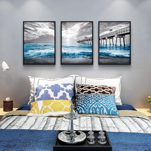 DZRWUBHS Black Framed Wall Decor For Living Room Large Canvas Wall Art For Bedroom Office Wall Decorations Black And White Wall Painting Blue Sea Wave Pictures Artwork For Posters Prints Home Decor