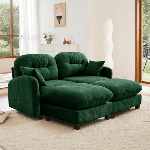 Image of KEIKI 74 inch Oversized Chenille Modular Sectional Loveseat Sofa with 2 Ottoman, High-Density Foam Cushions, Tufted Pleated Cushion Backrest, Modern 2-Seater Couch with 2 Pillow, for Living Room, Green