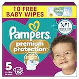 Pampers Premium Protection Size 5, 152 Baby Nappies, 11kg-16kg, Monthly Pack with Pampers Harmonie Aqua Baby Wipes 1 Pack of 10 Wipes