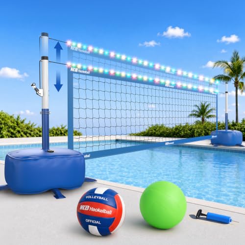 Haokelball LED Pool Volleyball Net Set, Anti-Sag Crank System, 100lb Base