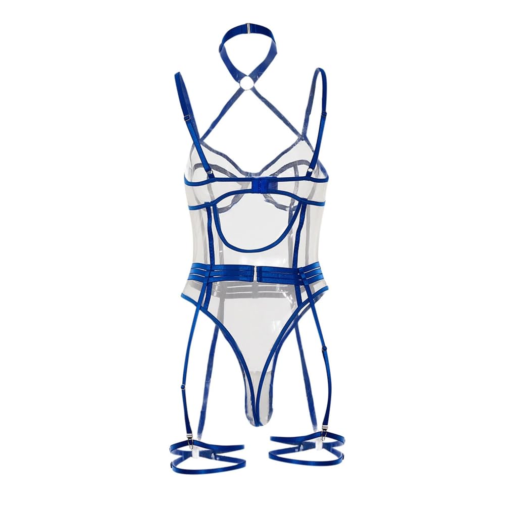 Ensemble de Lingerie Sexy pour Femme, Ensemble Soutien-Gorge et Culotte Sexy avec Bas Hauts (Bleu)