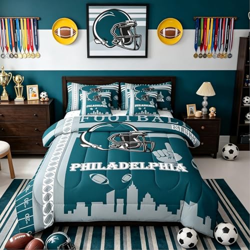 Feelyou Football 7 Pieces Comforter Sets Rugby Sports Philadelphia Bedding Set for All Season Full Size Football City Bed in a Bag with Comforter Sheets Pillowcases & Cushion Cover