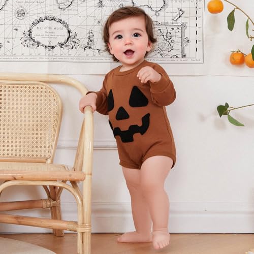 Halloween Newborn Baby Boy Outfit Long Sleeve Sweatshirts Rompers Pumpkin Face Patch Infant Fall Winter Clothes3