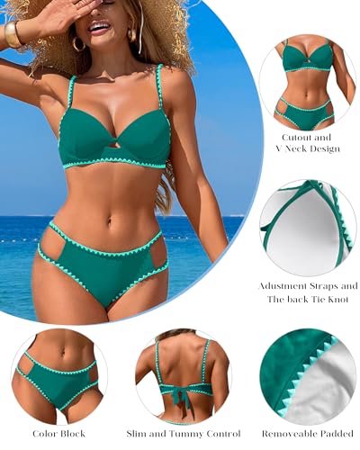 HXN Women’s Two Piece Bikini Sets 2025 Neon Color Block Sexy Tummy Control Swimsuit Triangle Bathing Suit for Beach Vacation4