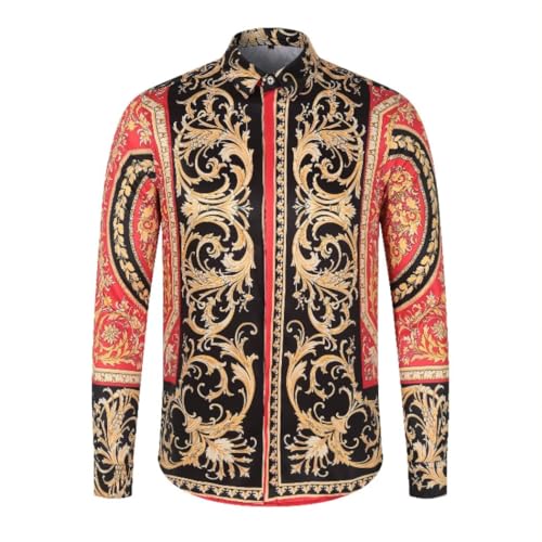 Mens Medieval Paisley Fashion Printed Dress Shirts Long Sleeve Button-Down Retro Baroque Style Shirts for Adult