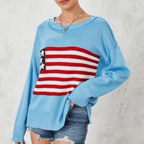 Image of Women American Flag Sweater Loose Vintage USA Sweatshirt Long Sleeve Crewneck Hollow Out 4th of July Jumper