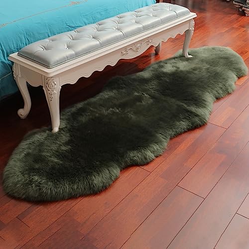 Premium Genuine Fur Sheepskin Rug Real Australia Sheepskin Natural Luxury Fluffy Lambskin Fur Area Rug Seat Covers for Kids Bedroom Sofa Chair Cover (Military Green, Double Pelt/2ft x 6ft)