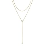 Gold Lariat Necklace for Women - Dainty 14K Gold Plated Y-Shaped Long Drop Necklace Pearl Cross Clover Butterfly Cubic Zirconia Charm Layered Necklaces for Women Simple Jewelry Gifts