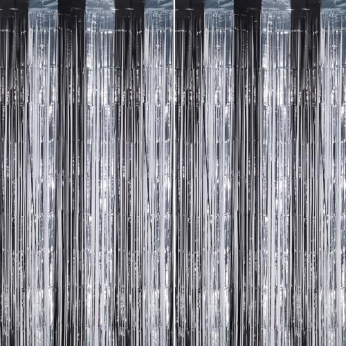 Image of DECOCKRAT 2 Pack Foil Fringe Backdrop - Black&Silver Shiny Tinsel Curtains for Party Decoration /Photo Booth Props - 3.3x6.6 FT Metallic Foil Backdrop for Birthday, Wedding, Graduation, Christmas.