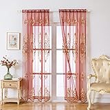 ELKCA Burgundy Red Embroidered Sheer Curtain for Living Room Floral Curtains Sets for Bedroom,Rod...