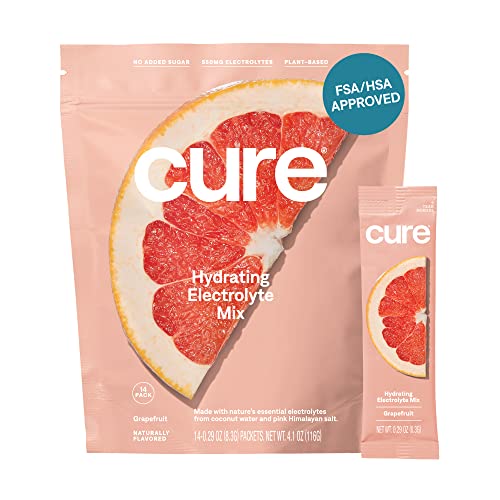 Cure Hydration Plant Based Electrolyte Mix | Powder for Dehydration Relief | Made with Coconut Water | No Added Sugar | FSA & HSA | Vegan | Paleo Friendly | Pouch of 14 Packets – Grapefruit