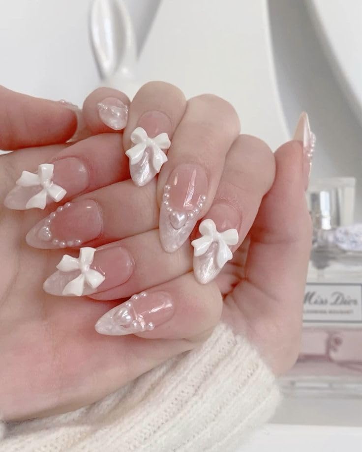 GHER French Tip Press On Nails - Almond False Nails with 3D Bow, Heart Designs - White, Silver Pearl - Glossy, Cute - 24 Pcs-picture-34