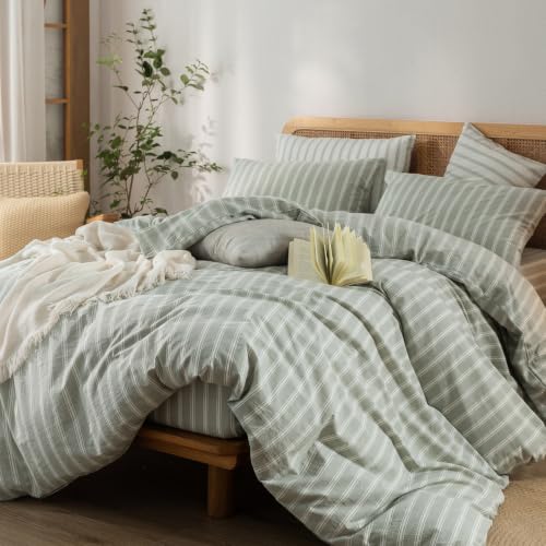 Image of BESTOUCH Striped Cotton Duvet Cover Set Linen Feel Twin | 100% Washed Cotton, Soft Wrinkle Texture, Hidden Zipper, 8 Ties, Breathable Lightweight Durable Comfy, 2 Pcs No Insert