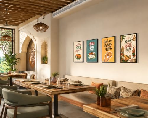 Image of Chaka Chaundh - Restaurant wall decoration items - Cafe quotes wall frames - Idli walls frame - Food wall frame art - Dosa wall frame poster, Medu vada wall frame, . South indian food frame poster wall art. ( 14X11 inch. Set OF 4 )
