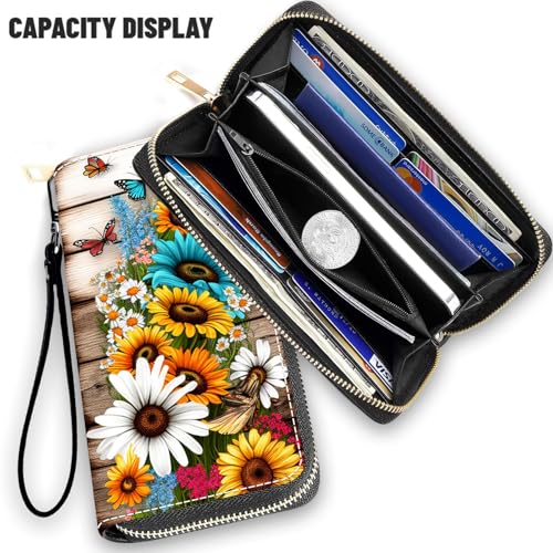 Wallet,Large Capacity RFID Blocking Leather Wallet, Durable Smooth Zipper Clutch,Unisex Travel Wallet for Cards,Cash,and Coins - Butterfly Sunflower Flower2
