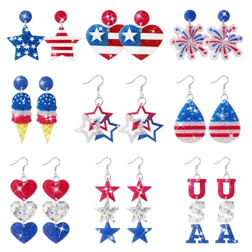 Y1tvei American Flag Earring for Women - 9 Pairs 4th of July Accessories Heart Star USA Red White Blue Dangle Drop Glitter Acrylic Preppy American Patriotic USA Love Flag Jewelry Gifts