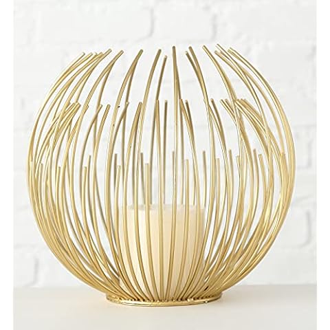 mucHome Windlicht Globe mit Stumpenkerze H21cm Eisen Gold runder Kerzenständer Kerzenhalter Cover