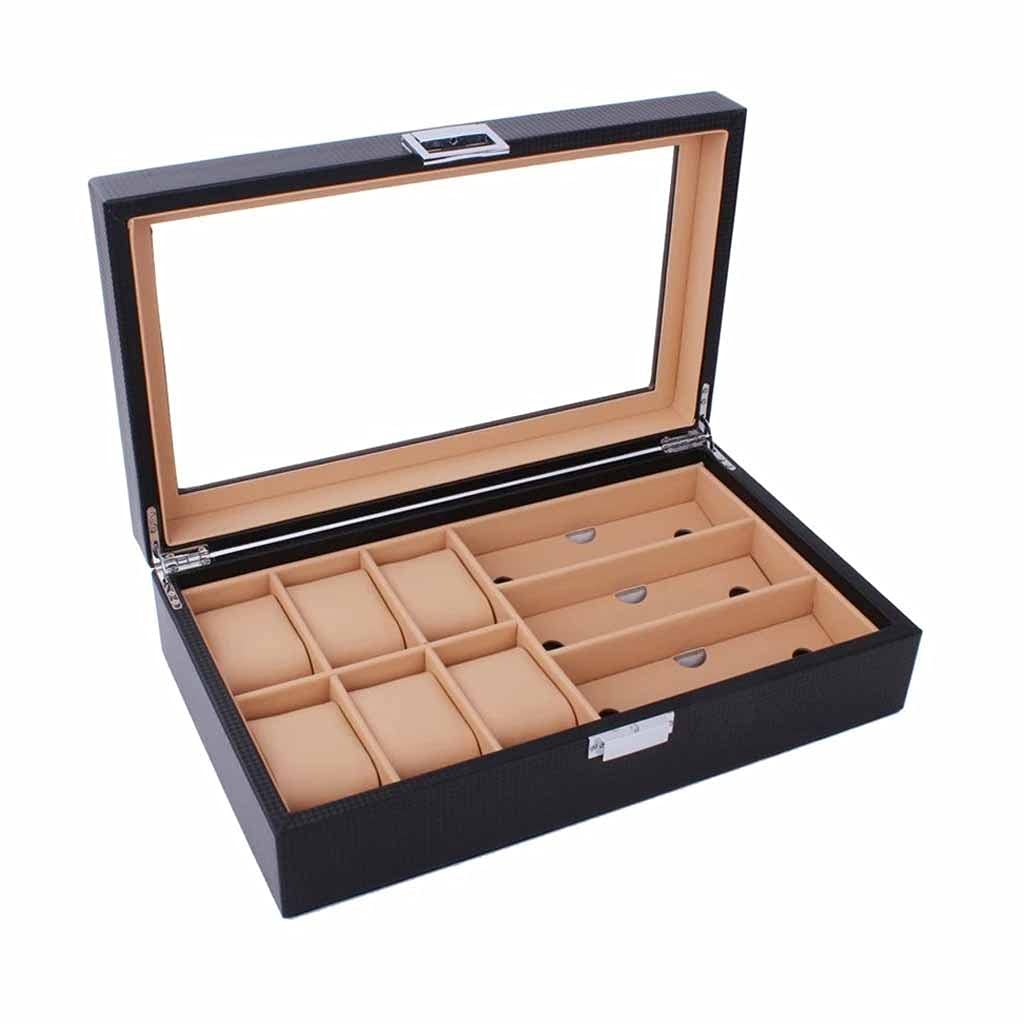 XBTGS Caja de reloj de fibra de carbono y poliuretano de 6/8 rejillas, organizador de gafas de sol, colección de joyas, soporte de exhibición portátil,