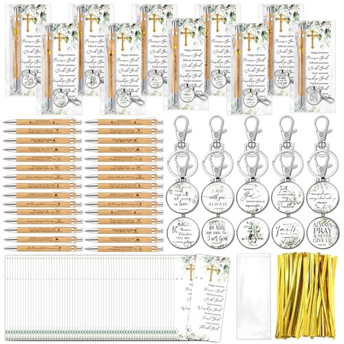 Stylos bille en bambou chrétiens avec porte-clés et cartes d'église pour cadeaux - Lot de 20 Spakon