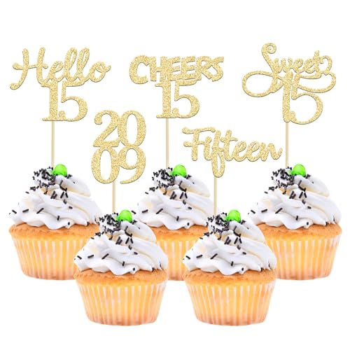 Gyufise 30 Pack Gold Glitter 15th Birthday Cupcake Toppers Hello Sweet Cheers to 15 Fifteen Since 2009 Cupcake Picks for 15th Birthday Party Cake Decorations Supplies