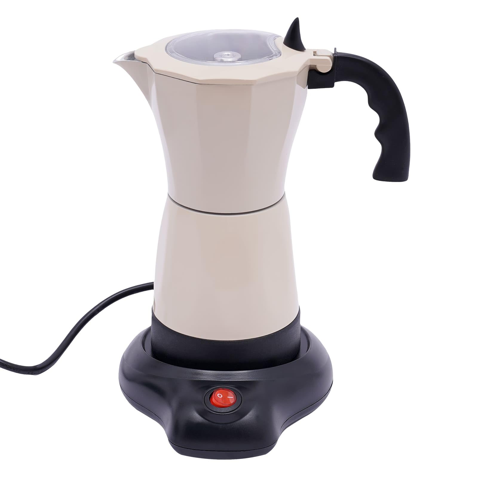 Cafetera eléctrica italiana con base para 6 tazas de café espresso, 300 ml, 480 W, aleación de aluminio, giratorio de 360 grados, 10,2 x 19,5 cm (blanco crema)
